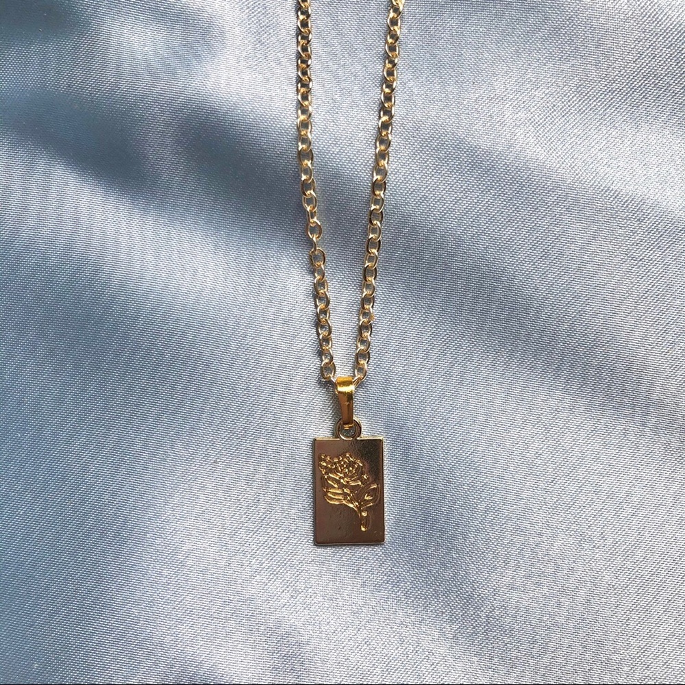 Gold Rose Rectangle Charm Necklace